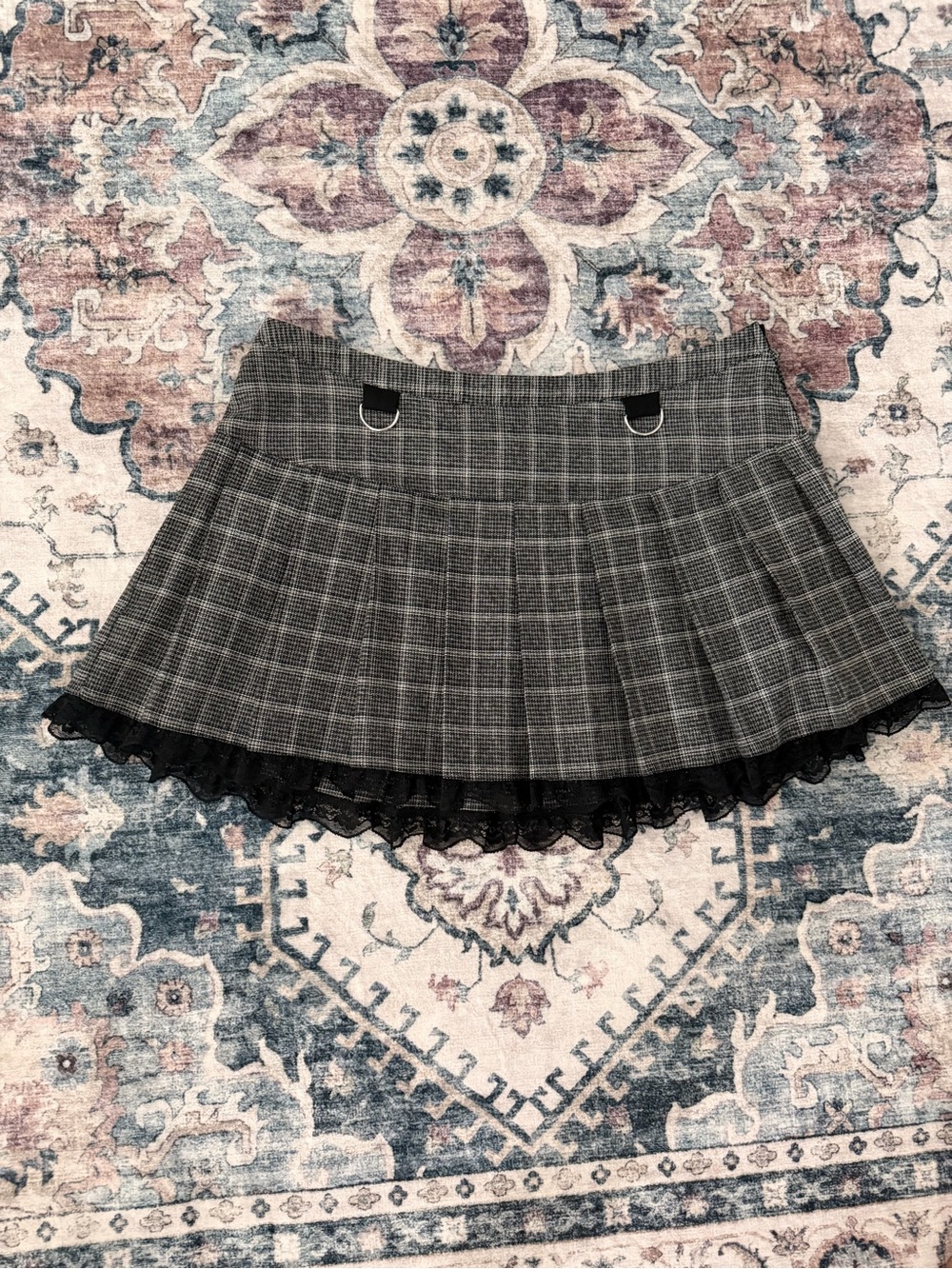 Current Mood Plaid Pleated Mini Skirt with Lace Trim - Gray